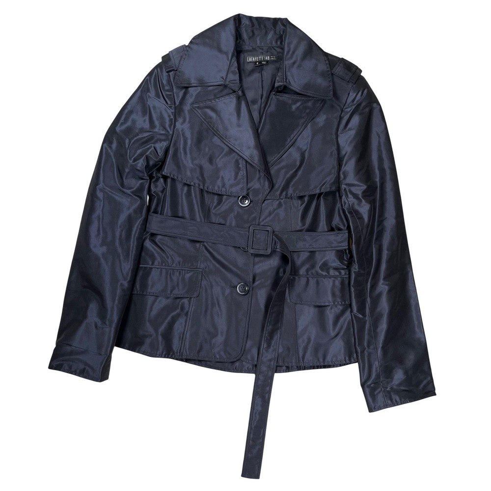 Lafayette 148 Trench Jacket Women 8 Navy Blue Silk Belted Short Coat
